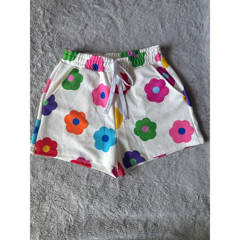 SHEIN White Multi Color Floral Print Drawstring Lounge Shorts Retro Y2K Small